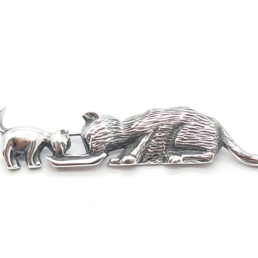 ✨ Vintage Sterling Silver Cat & Kitten Brooch – Mother & Baby Cat Pin ✨